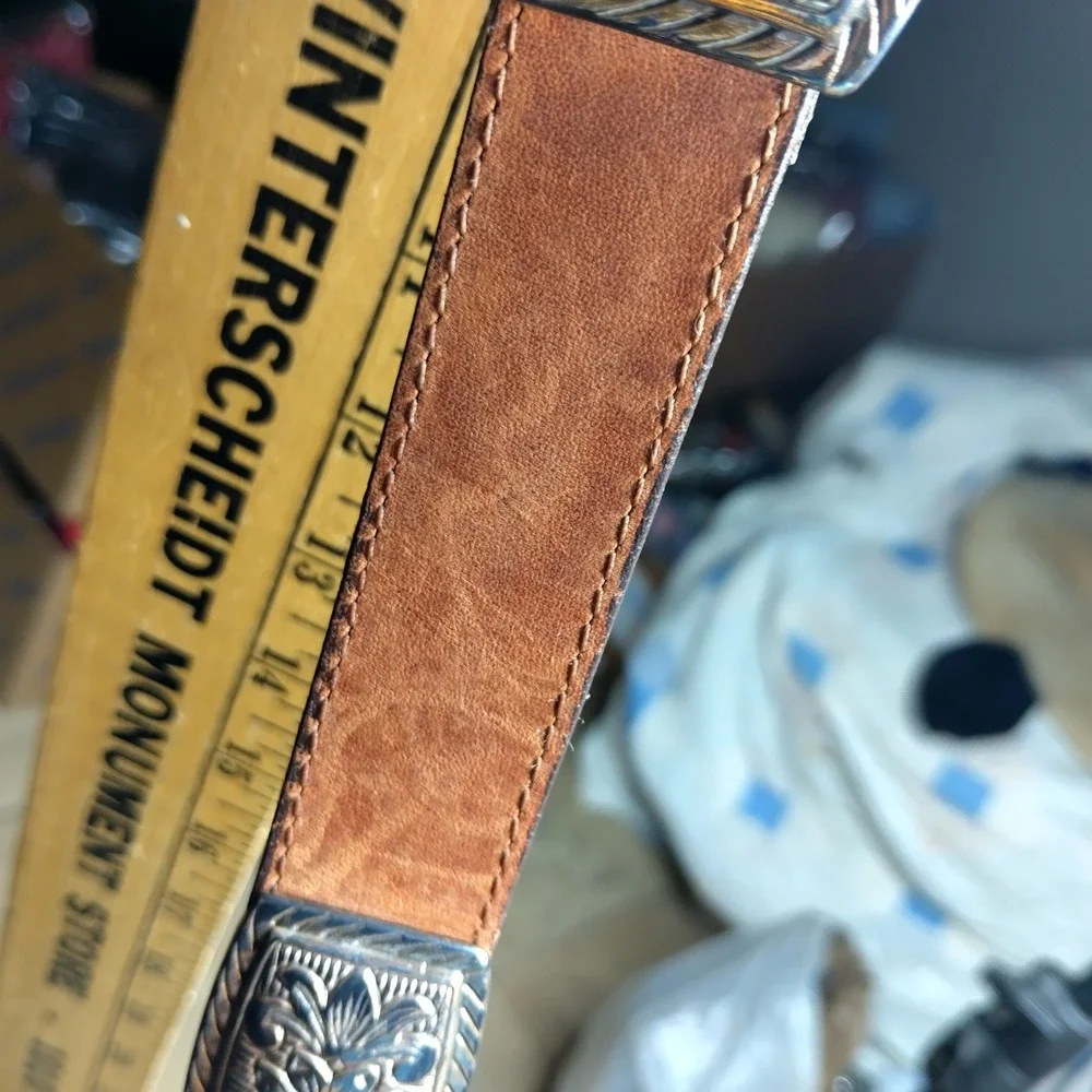 Brighton Brown Leather Western Belt Silver Engraved Floral Hardware Vintage 1994